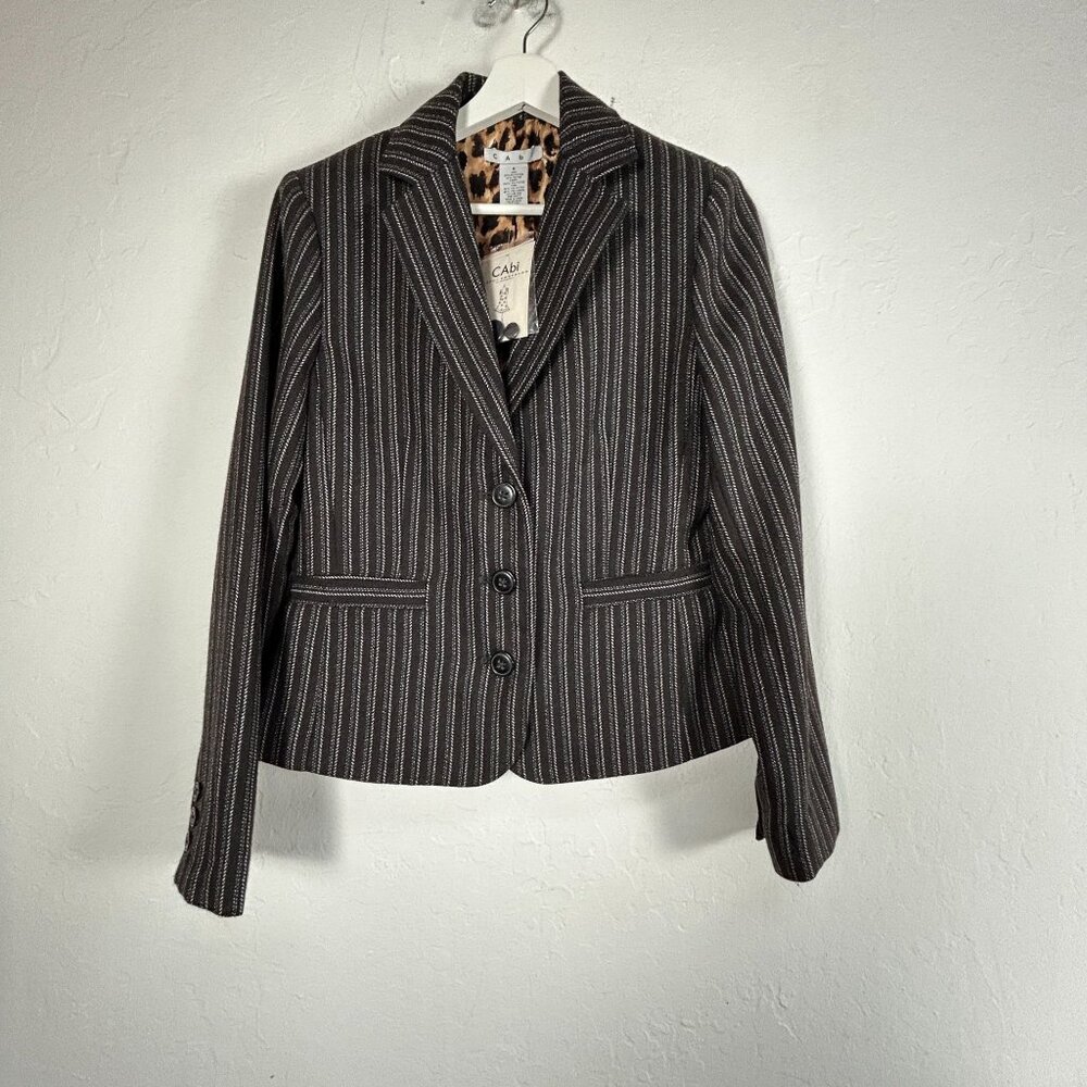 CAbi Womens Black White Pinstripe Blazer Jacket Size 6 Leopard Lining #364 New